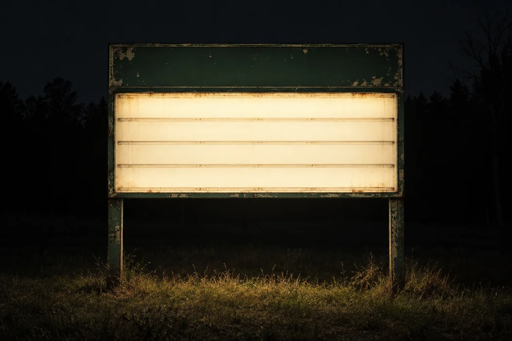 An old illuminated roadside sign at night